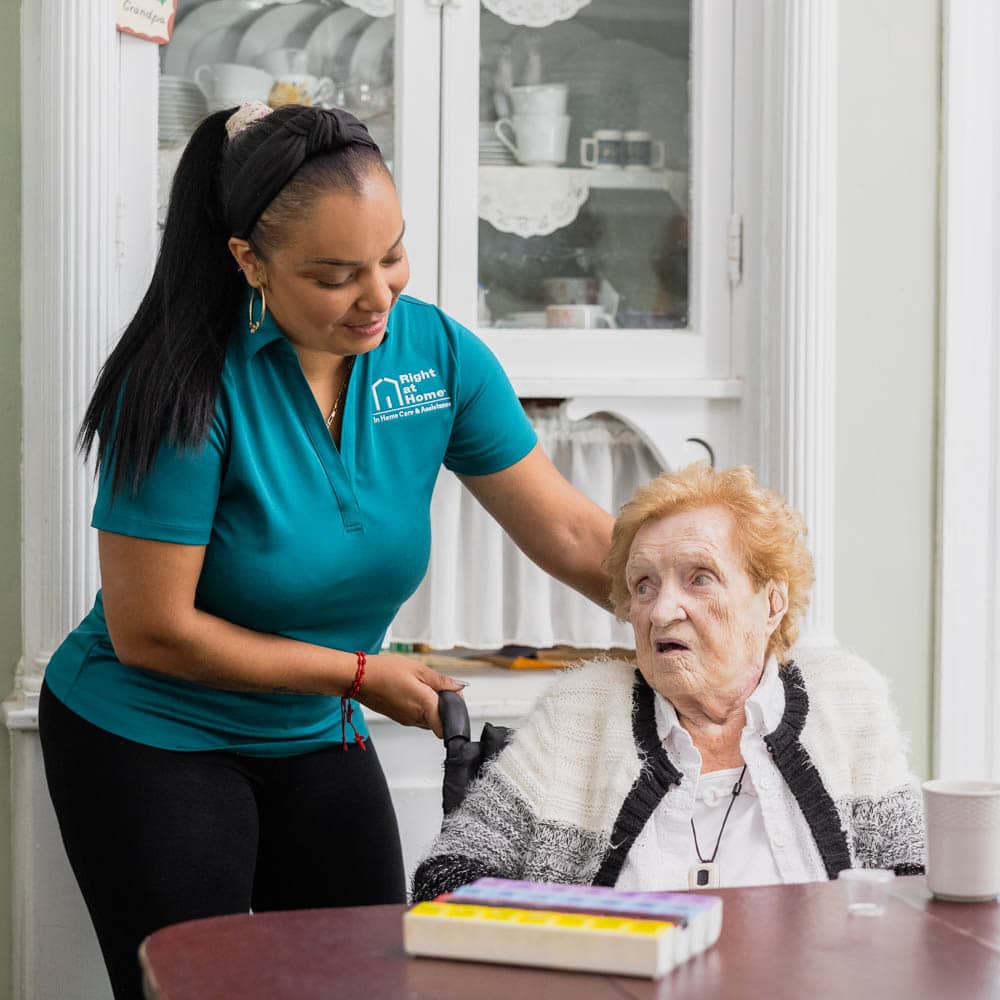 female carer and senior female at the dining room table